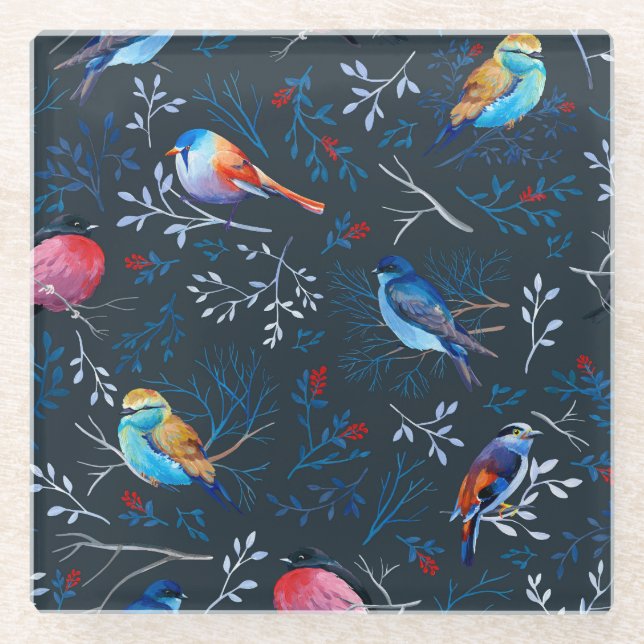 Dessous-de-verre En Verre Oiseaux vibrants : Gouache Dark Elegance (Devant)