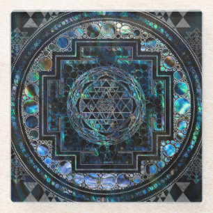 Dessous-de-verre En Verre Ormeau Shell de Sri Yantra/Sri Chakra et argent