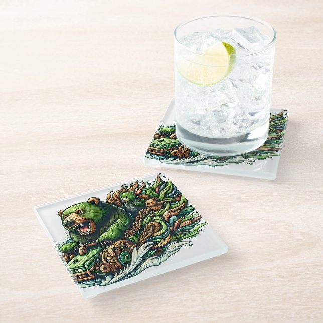 Dessous-de-verre En Verre Ours Animés à bord d'une voiture verte (Incliné)