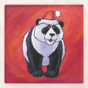 Dessous-de-verre En Verre Ours de panda à Santa Hat sur Rouge