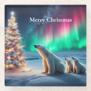 Dessous-de-verre En Verre Ours Polaire Maman Cubs Arbre de Noël Lumières du