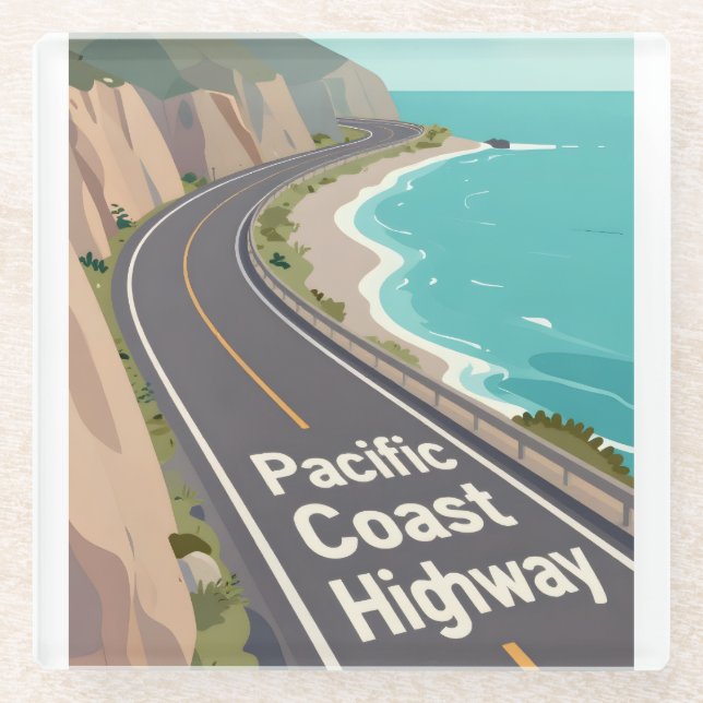 Dessous-de-verre En Verre Pacific Coast Highway Graphic Travel Art (Devant)