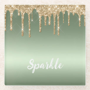Dessous-de-verre En Verre Paillettes vert menthe doré qui coulent