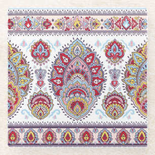 Dessous-de-verre En Verre Paisley indien floral, médaillon ethnique.