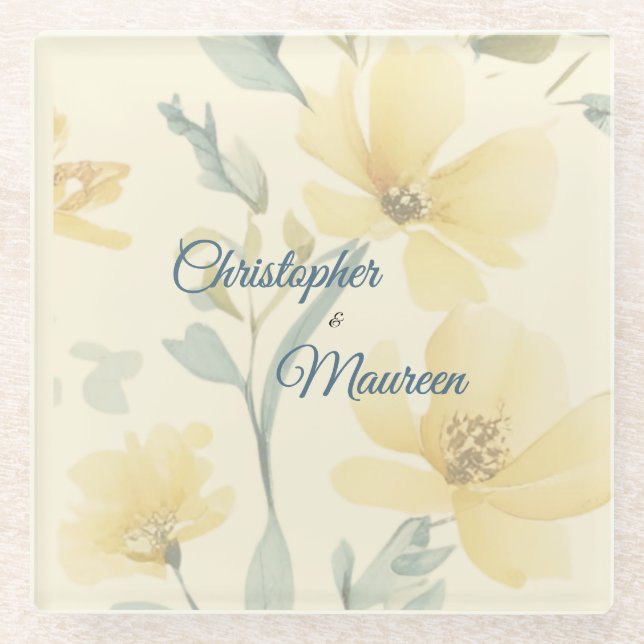 Dessous-de-verre En Verre Pale Butter Yellow Soft Blue Floral Wedding (Devant)
