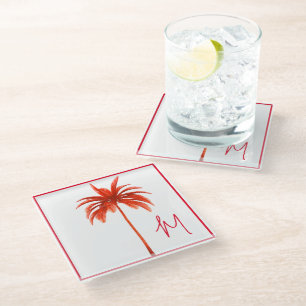 Dessous-de-verre En Verre Palm Tree moderne cadre rouge Monogramme tropical