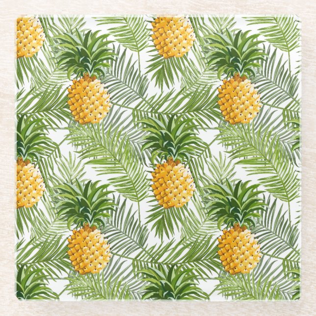 Dessous-de-verre En Verre Palmettes et ananas tropicaux (Devant)