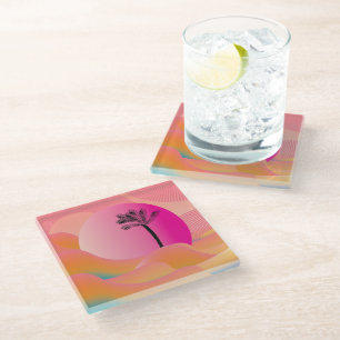 Dessous-de-verre En Verre Palmiers Tropicaux Design Orange Rose