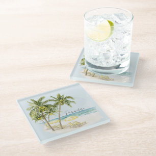 Dessous-de-verre En Verre Palmiers Tropicaux Océan Parasols Jaunes