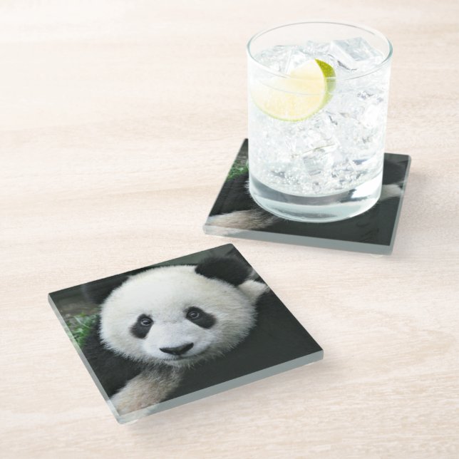 Dessous-de-verre En Verre Panda géant dans une herbe verte douce (Incliné)