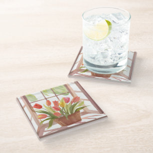 Dessous-de-verre En Verre Panier de Tulipes Peinture Aquarelle Florale de