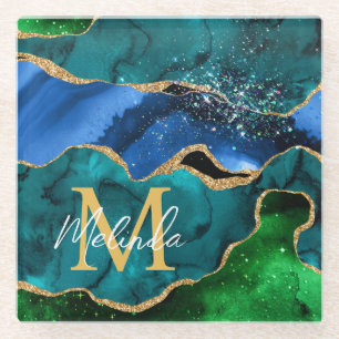 Dessous-de-verre En Verre Paon bleu et vert Faux Paillettes Agate