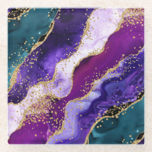Dessous-de-verre En Verre Paon en agate pailleté rose, violet et sarcelle