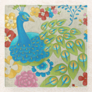 Dessous-de-verre En Verre Paon et fleurs colorés