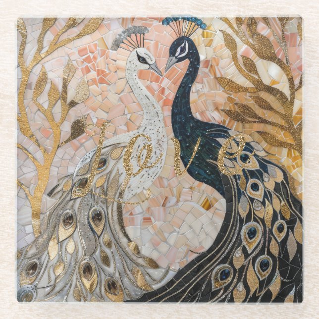 Dessous-de-verre En Verre Paons Or Paillettes Amour Blush Rose  (Devant)