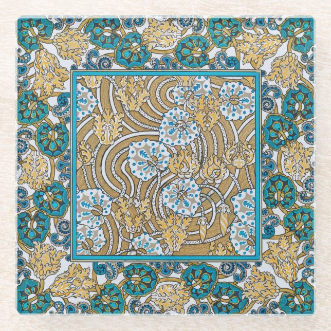 Dessous-de-verre En Verre papier peint bleu art nouveau cyclamen (Devant)