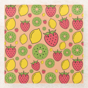 Dessous-de-verre En Verre Papier peint de fruits : fraises, citrons, kiwis.