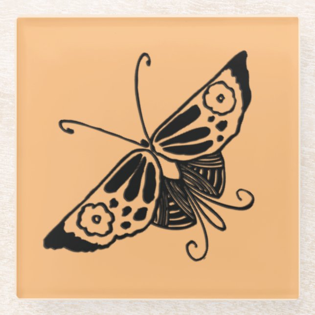 Dessous-de-verre En Verre Papillon Art déco noir - Arrière - plan personnali (Devant)