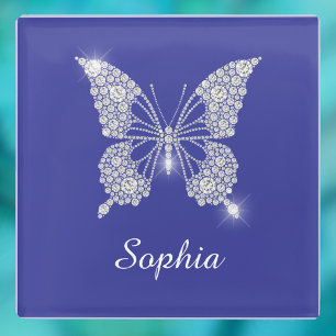 Dessous-de-verre En Verre Papillon Diamant Blanc, Nom en écriture, Bleu Prof
