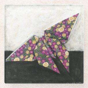 Dessous-de-verre En Verre Papillon d'origami sur le papier floral