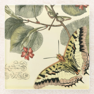 Dessous-de-verre En Verre Papillon et libellule avec les fleurs rouges