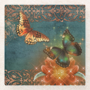 Dessous-de-verre En Verre Papillon orange Ethereal vintage sur Turquoise