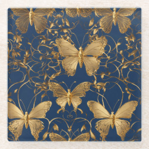 Dessous-de-verre En Verre Papillons bleus métalliques avec Vins d'or