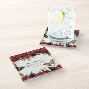Dessous-de-verre En Verre Papillons Floraux Or Bourgogne Quinceanera