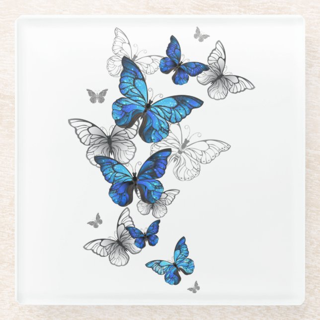 Dessous-de-verre En Verre Papillons volants bleus Morpho (Devant)