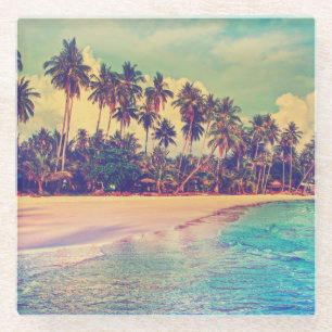 Dessous-de-verre En Verre Paradis tropical : mer, hôtel, plage.