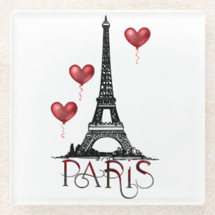 Dessous-de-verre En Verre Paris, Tour Eiffel et Ballons du Coeur Rouge