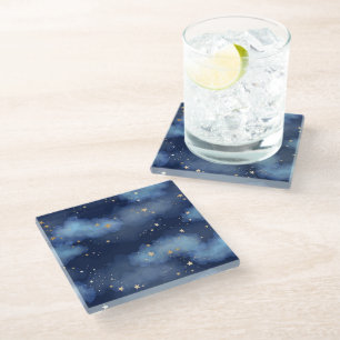 Dessous-de-verre En Verre Parties scintillant Gold Stars Dark Blue Sky Motif