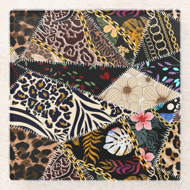 Dessous-de-verre En Verre Patchwork Leopard : Ethnic Lining Design. (Devant)