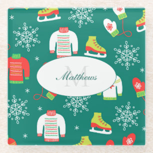 Dessous-de-verre En Verre Patins à glace et flocons de neige Motif Monogramm