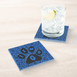 Dessous-de-verre En Verre Pattes de chien noir et blanc à pois sur fond bleu