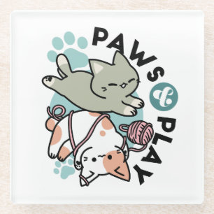 Dessous-de-verre En Verre Pattes et Jeux – Illustration de Chat Adorable