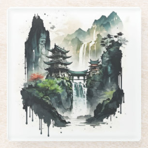 Dessous-de-verre En Verre Paysage antique de l'encre chinoise avec cascade