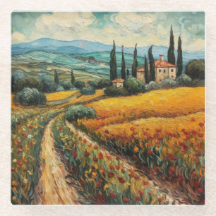 Dessous-de-verre En Verre Paysage de campagne de Toscane aux fleurs sauvages