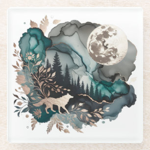 Dessous-de-verre En Verre Paysage de loup & Lune sarcelle or