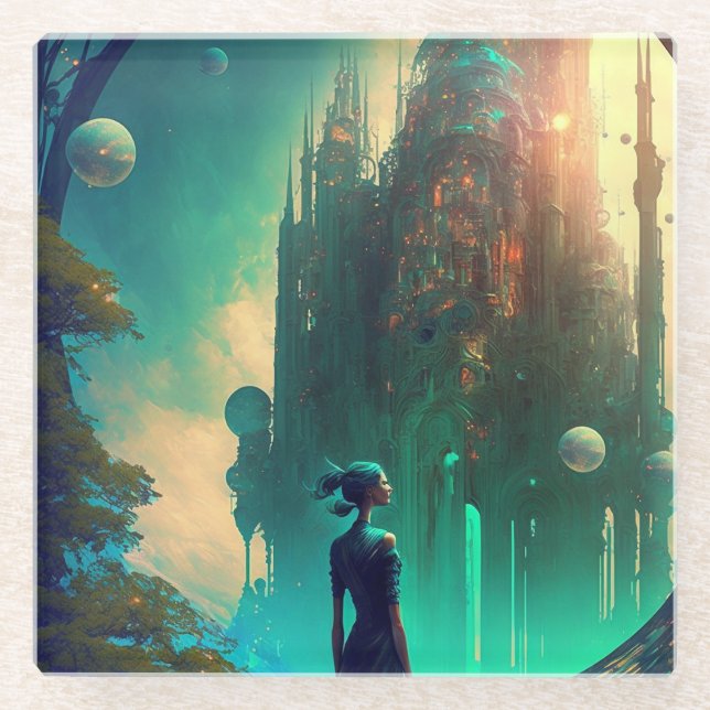 Dessous-de-verre En Verre Paysage futuriste du château d'Imaginaire (Devant)