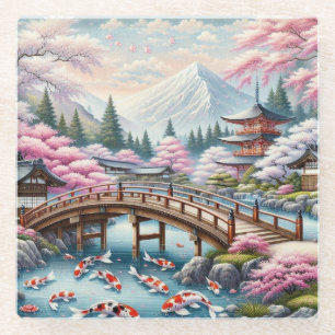 Dessous-de-verre En Verre Paysage japonais avec Pont, Koi et Sakura