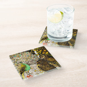 Dessous-de-verre En Verre Peacock et Owls Art nouveau néerlandais