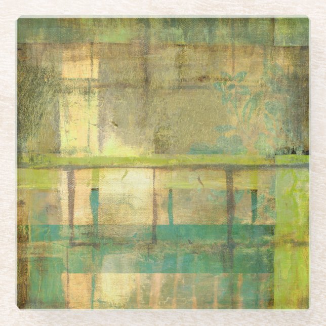 Dessous-de-verre En Verre Peinture Abstraite dorée turquoise et verte (Devant)