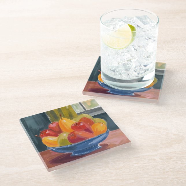 Dessous-de-verre En Verre Peinture aquarelle d'un bol de fruits (Incliné)