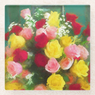 Dessous-de-verre En Verre Peinture Bouquet Rose - Jolie Art Fleur Originale
