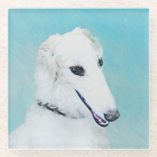 Dessous-de-verre En Verre Peinture de Borzoi (Blanc) - Joli Chien d'origine