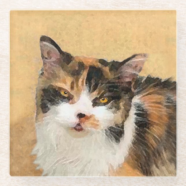Dessous-de-verre En Verre Peinture de chat Calico - Cute Original Cat Art (Devant)