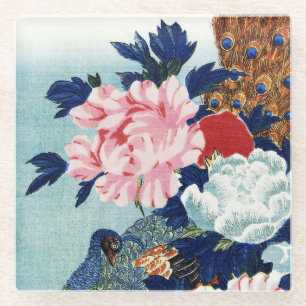 Dessous-de-verre En Verre Peinture de fleurs de paon et de pivoines vintage
