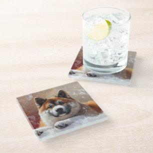 DESSOUS-DE-VERRE EN VERRE PEINTURE D'UN BEAU CHIEN AKITA