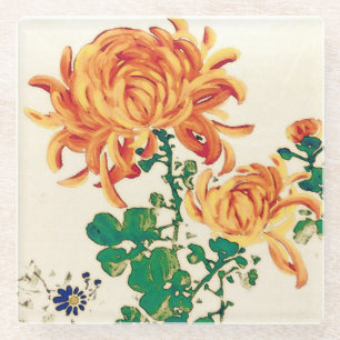 Dessous-de-verre En Verre Peinture japonaise vintage de Chrysanthèmes